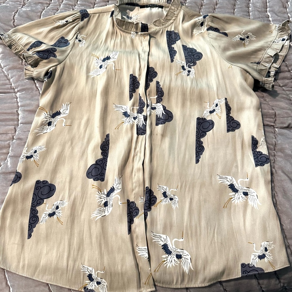 T Tahari Cream Blouse with Crane Motif